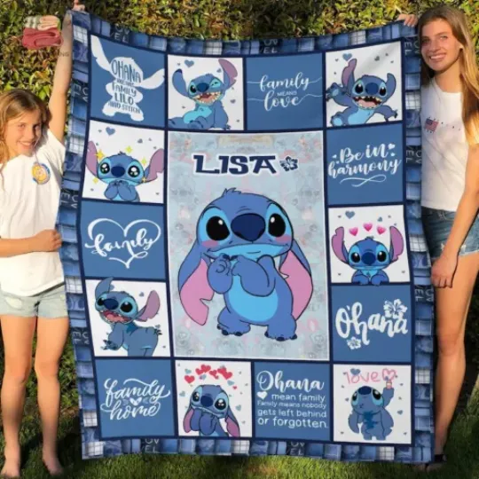Personalized Name Cute Lilo And Stitch Fleece Blanket, Premium Blanket