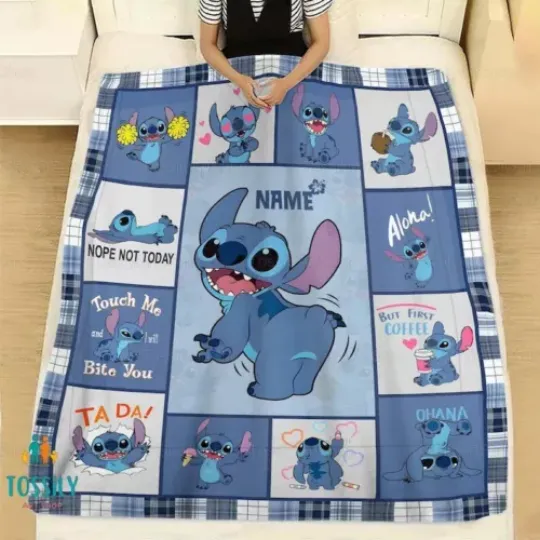Personalized Stitch  Lilo Fleece Sherpa Blanket, Custom Name Disney Blanket