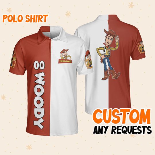 Personalize woody hello red white polo, Mens Golf Polo Shirt, Disney Polo Shirt