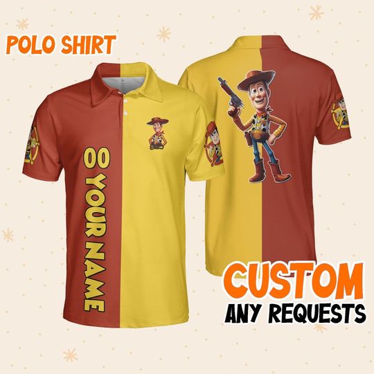 Personalize woody guns red yellow polo, Mens Golf Polo Shirt, Disney Polo Shirt