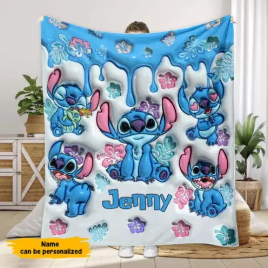 Personalized Love Lilo  Stitch Ohana Hibiscus Flowers Inflated Pattern Blanket