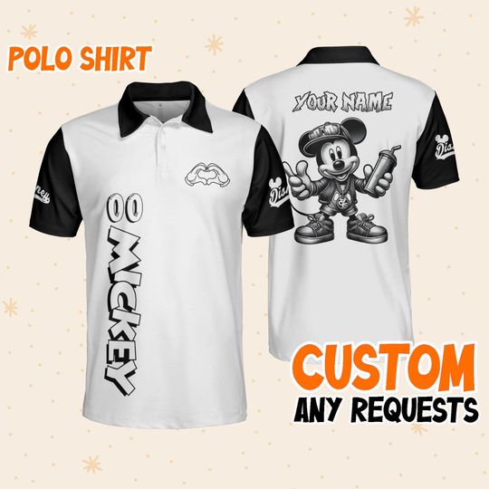Personalize Mickey hiphop Black White  Polo, Mens Golf Polo Shirt, Disney Polo Shirt