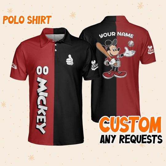 Personalize Mickey Baseball Red Black Polo, Mens Golf Polo Shirt, Disney Polo Shirt