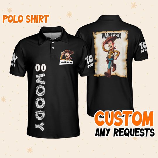Personalize woody wanted black polo, Mens Golf Polo Shirt, Disney Performance Polo Shirt