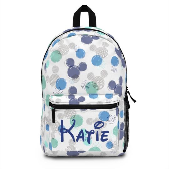 Personalized Disney Backpack, Blue Polka Dots, Disney All Over Print Backpack, Disney School Backpack
