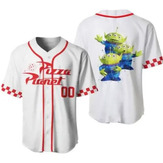 Personalized Green Alien Pizza Planet Toy Story Movie Baseball Jersey Shirt
