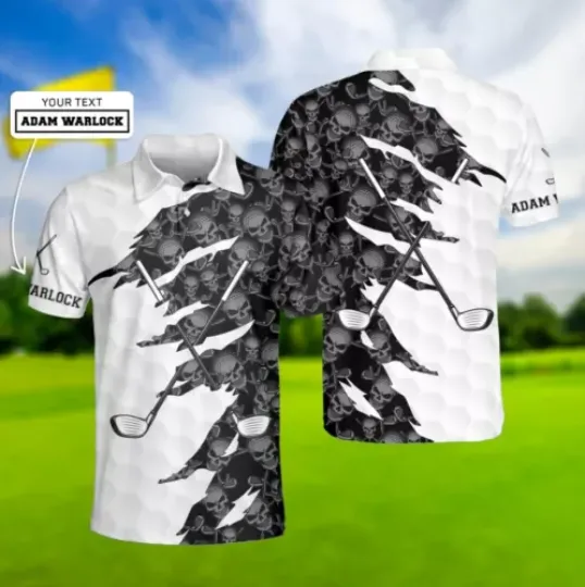 Golf Skull Custom Polo Shirt, Black And White Skull Golf Shirt, Sport Team Shirt