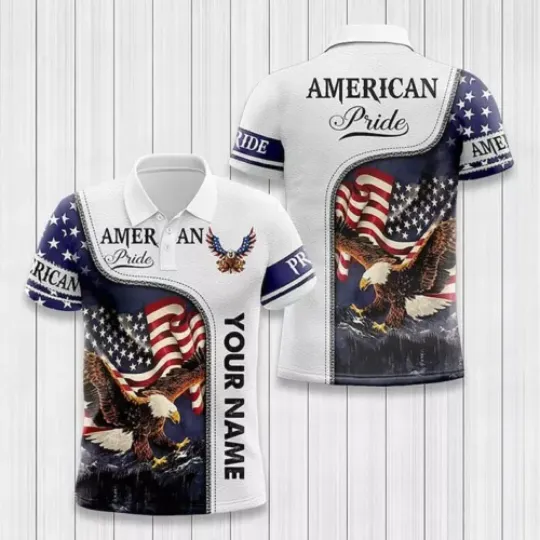 Custom Name American Pride White Leather 3D Independence Day July 4th 3D Polo Shirt
