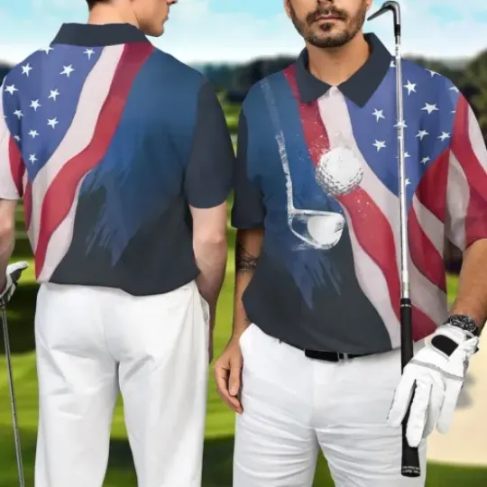Patriotic Golf Polo Shirt, Golf American Flag Men Polo Shirt, 4th July Golf
