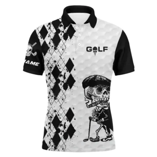 Golf Custom Name Men Black & White Argyle Pattern Skull Smoking Apparel 3D Polo Shirt