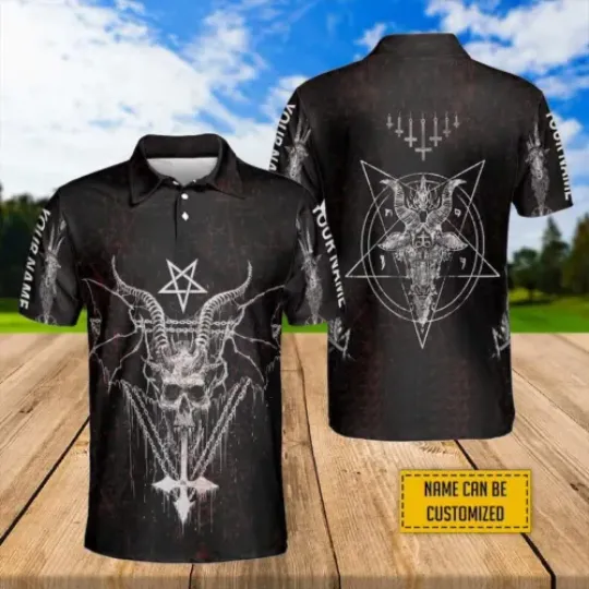 Customized Name Halloween Satan Polo Shirt, Skull Satanic Goat Polo Tee
