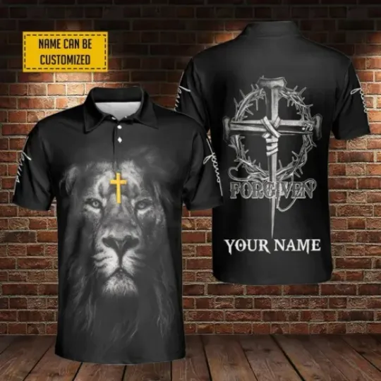 Custom Name Lion Jesus Cross And Crown Polo Forgiven Christian Gift, Polo Shirt