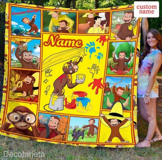 Personalized Curious George Fleece Blanket, Custom Name Blanket, Birthday Gifts for Kids
