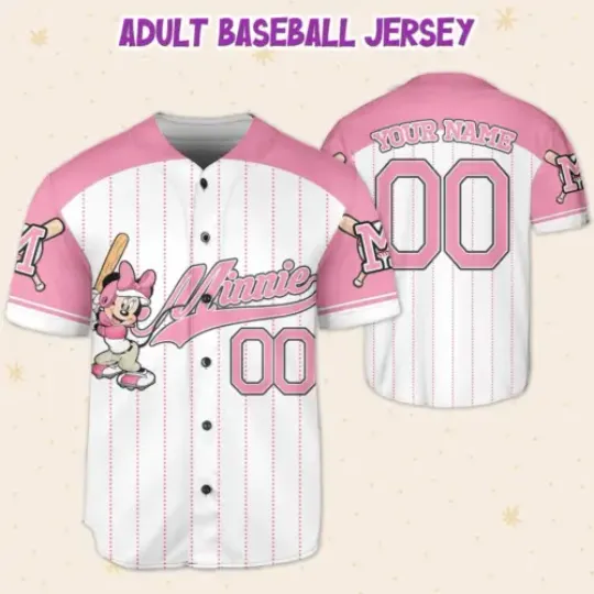 Personalized Pink Minnie Playing Baseball Game Day Baseball Jersey Shirt