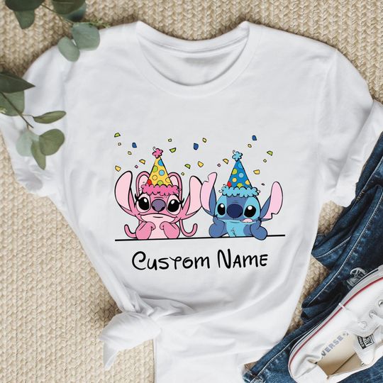 Stitch Birthday Shirts, Personalized Birthday T-Shirt, Disney Stitch And Angel Birthday T-Shirt