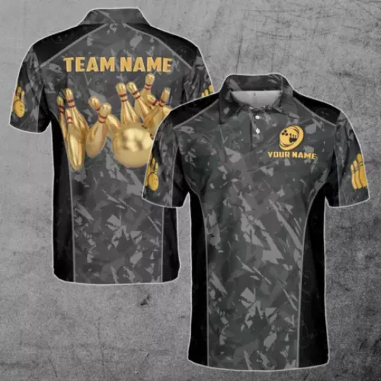 Custom Name Team Name Gold Bowling Ball In Dark Men's Polo Shirt
