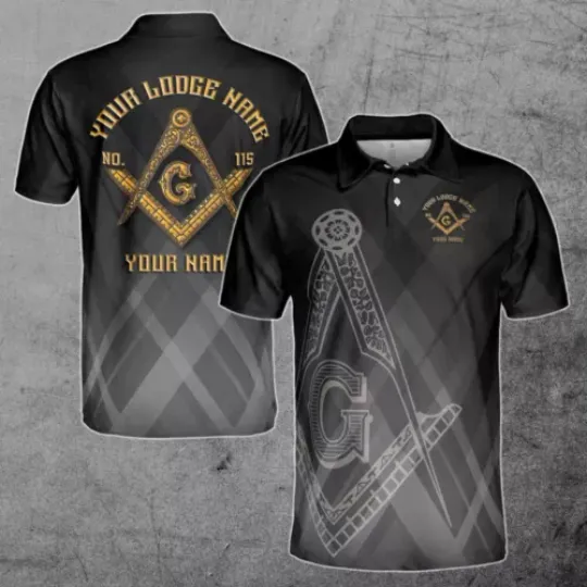 Custom Name Lodge Name Masonic Freemasonry Emblem Mason Black Men's Polo Shirt