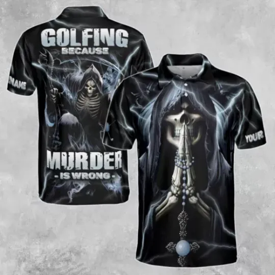 Custom Name Skeleton Golfing Because Murder Is Wrong Men's Polo Shirt