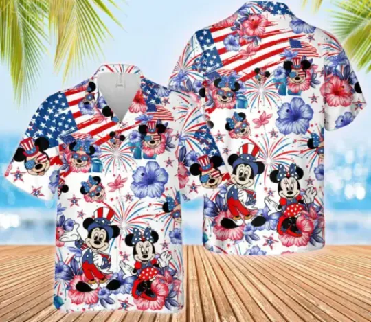 Mickey Minnie Mouse Fireworks Hibiscus Patriot July 4th 3D HAWAII SHIRT