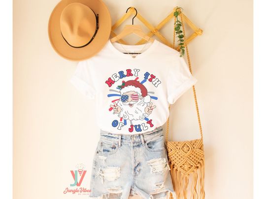 Funny Fourth of July Shirt, Christmas in July Outfit Retro Santa Shirt