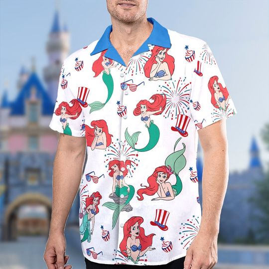 Ariel 4th July Hawaiian Shirt, The Little Mermaid July Fourth Button Up Shirt, Independence Day