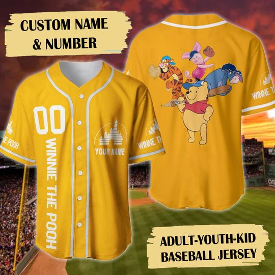 Personalized Yellow Bear And Friends Baseball Jersey, Custom Name Tiger Catcher Baseball Jersey