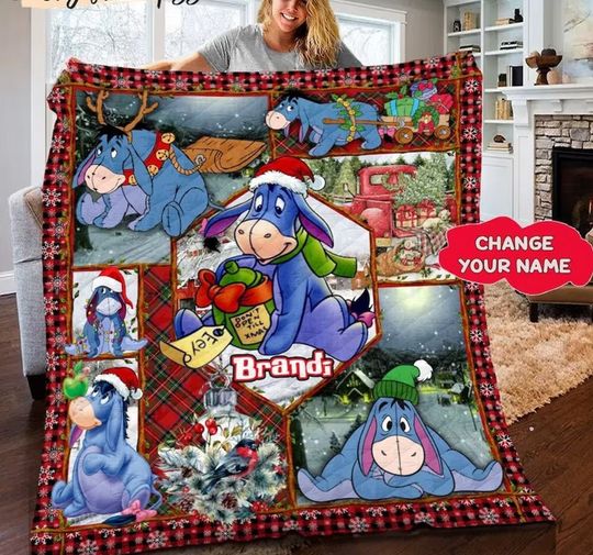 Custom Name Eeyore Blanket, Winnie The Pooh Eeyore Quilt Blanket, Christmas Gift For Kids