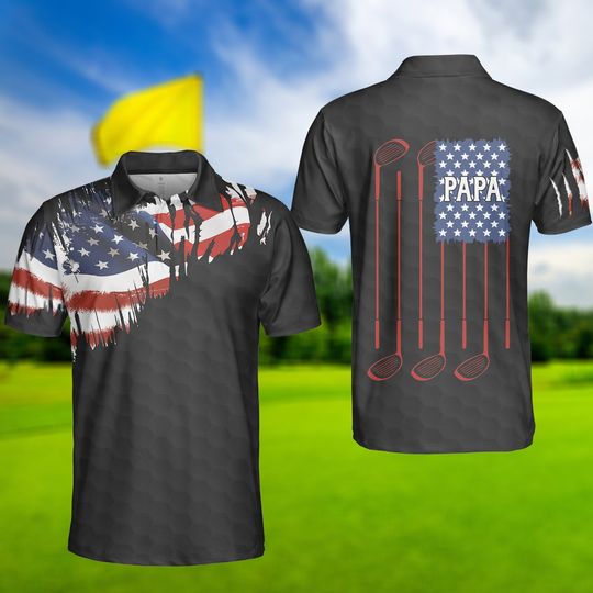 Patriotic Golf American Flag Men Polo Shirt, Papa Golf Shirt, Papa 4th July Gift, Grandpa Dad Golfer Shirt, Golf Shirts for Men