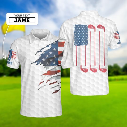 Golf American Flag Polo Shirt, Polo Golf Shirt, Custom Name Golf Shirt For Men