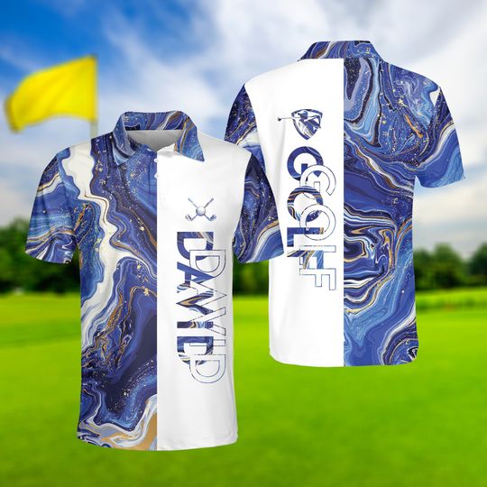 Golf Blue Marble And Gold  Polo Shirt, Cool Golf Shirt For Men, Personalized Golf Polo Shirt
