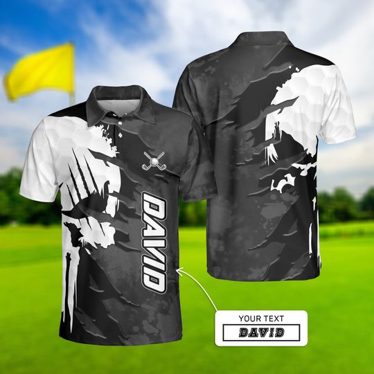 Skull Golf Polo Shirt, Funny Golf Team Polo, Gifts For Golfers, Black And White Golf Pattern Polo Shirt