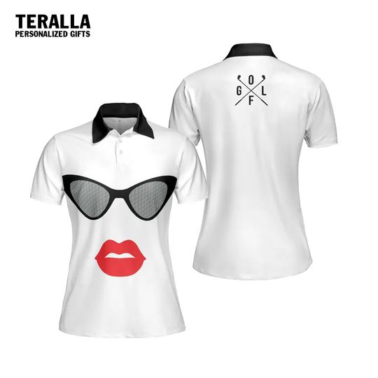 Funny Sunglasses And Red Lips Golf Short Sleeve Polo Shirt For Women