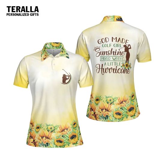 Funny God Made Golf Girl Sunshine Yellow Sunflower Short Sleeve Polo Shirt Women