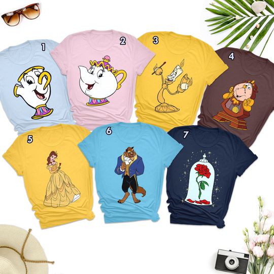 Beauty And The Beast Family Matching T-Shirt, Belle Princess Gaston Cogsworth LeFou Mrs. Potts Lumiere Animated Matching Shirts