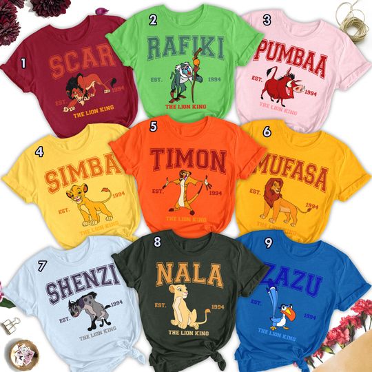 Custom Lion King Movie Character Group Matching T-Shirt, Animated Lion King Est Shirt, Cute Simba Nala Mufasa Pumbaa Timon Birthday Shirt