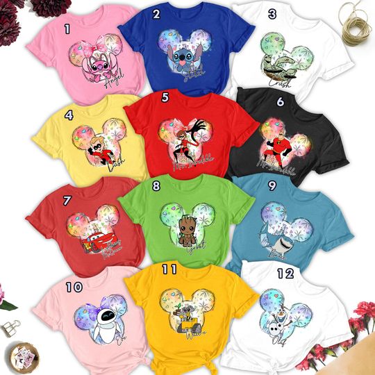 Custom Cartoon Characters Group Matching Shirt, Family Trip Shirts, Blue Dog Monster, Galaxy Robot, Couple Mouse Head Magic Kingdom Tee