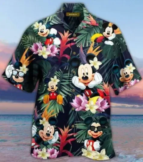 Cartoon Mickey Mouse Tropical Short Sleeve Button Hawaiian Shirt
