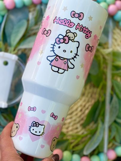 Kawaii Kitty Pink ~ 40 Ounce Dupe Tumbler with Handle