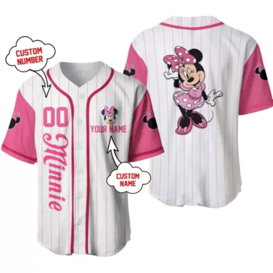 Personalized Minnie Mouse Baseball Jersey Button Down Shirt Adult