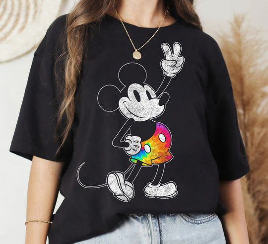 Disney Mickey And Friends Rainbow Mickey Tie Dye Shorts Disneyland Family Matching Shirt