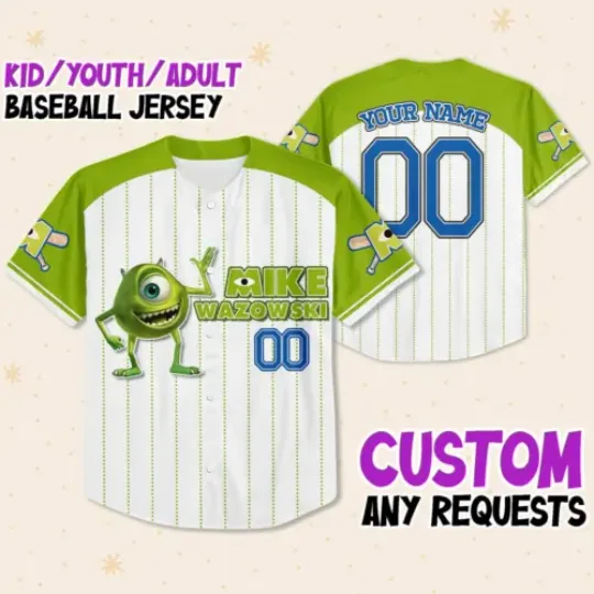 Custom Monster Inc Mike Green Jersey, Disney Baseball Jersey
