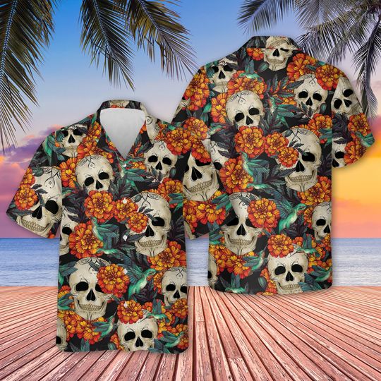 Skulls Birds Flowers Day Of The Dead Hawaiian Shirt, Vintage Skull And Red Roses Shirt