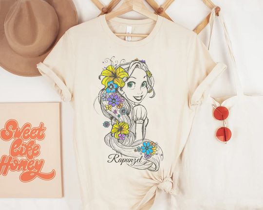 Tangled Rapunzel Floral Sketch Portrait T-shirt