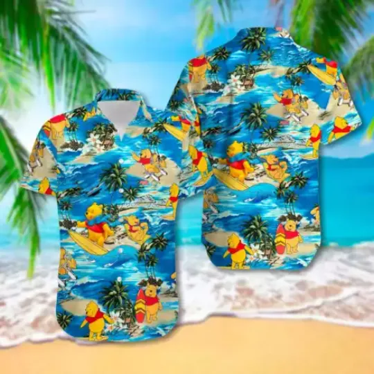 Cute Animated Honey Pooh Bear Surfing Summer Is Calling 3D HAWAII SHIRT