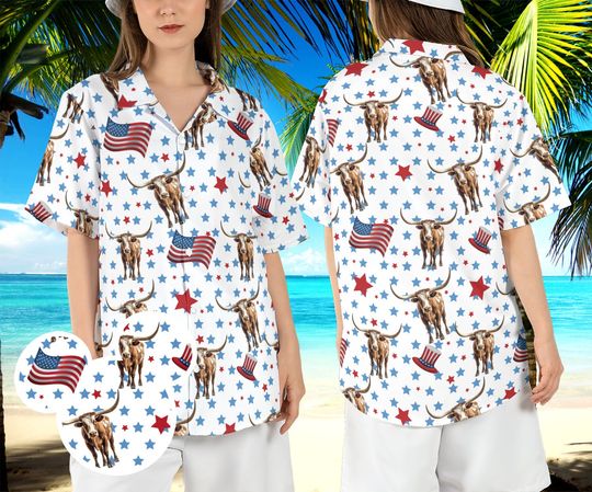 Longhorn American Flag Hawaiian Shirt, Funny Cow 4th of July Hawaii Shirt