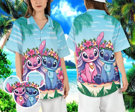 Stitch and Angel Hawaiian Shirt, Disneyland Couple Summer Hawaii Shirt