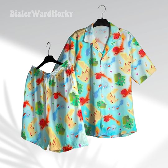 Beach Hawaiian Shirt  Starter Gen 1 Hawaii Shirt Aloha Shirt Anime Shirt Pika Charmander Bulbasaur Squirtle Gifts