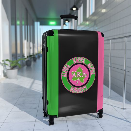 Alpha Kappa Alpha Sorority Suitcase - Pink and Green Traveling Luggage with Greek Letters