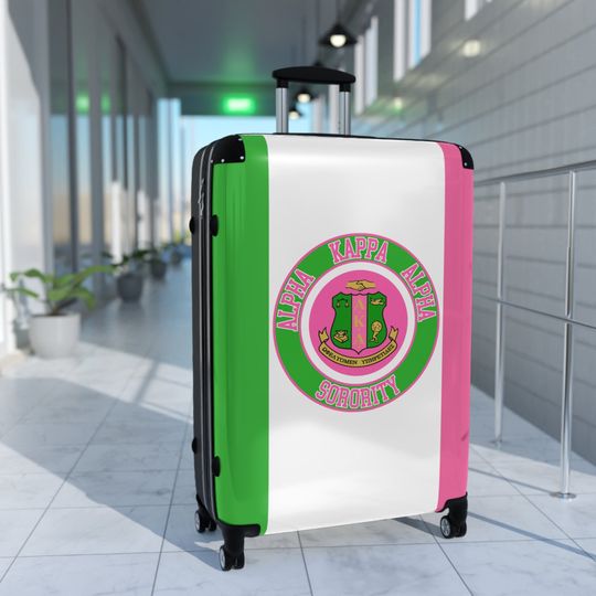 Alpha Kappa Alpha Sorority Suitcase - Pink and Green Traveling Luggage with Greek Letters