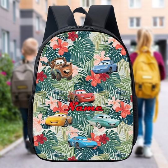 Personalize Backpack Car Characters Bag, Custom Name Tropical Palm Tree School Bag